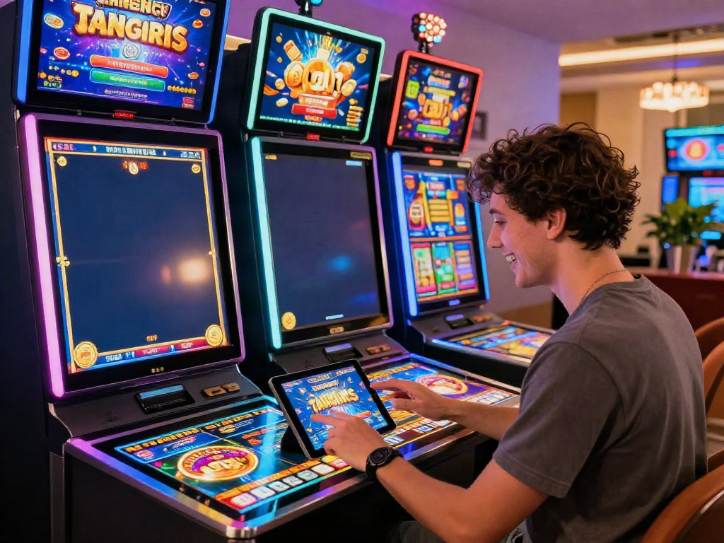 Engaging slot gaming experience on a tablet, showcasing colorful slot graphics and interactive game features.