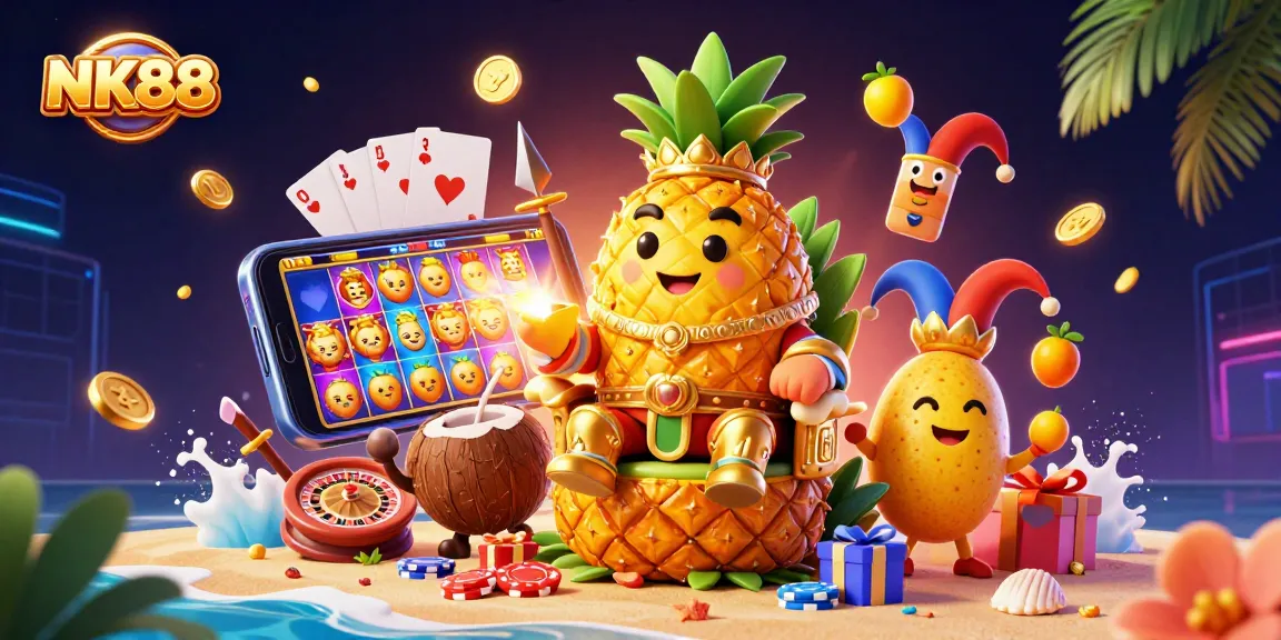 Experience the thrilling world of NK88 with golden casino characters and vibrant slot action.