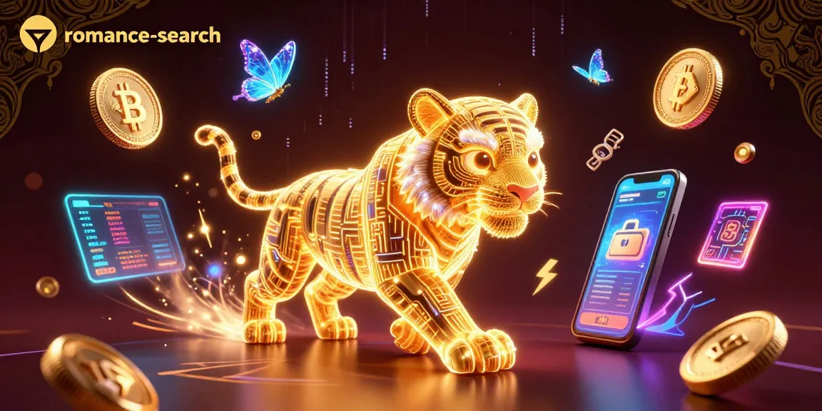 Experience thrilling gameplay in romance-search with neon elements and golden tiger in a vibrant casino.