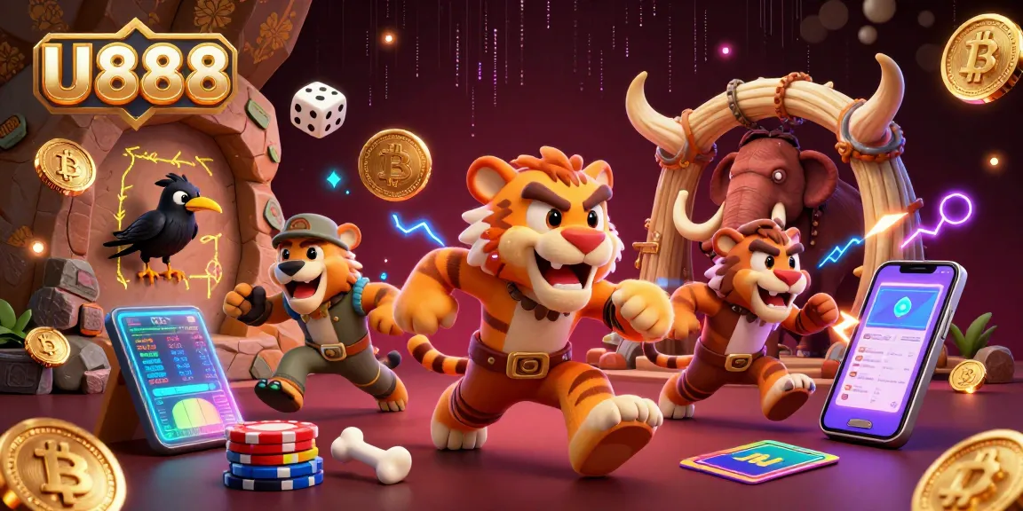Join the thrilling action at U888 with our vibrant casino-themed illustration featuring dynamic characters and exciting gaming elements.