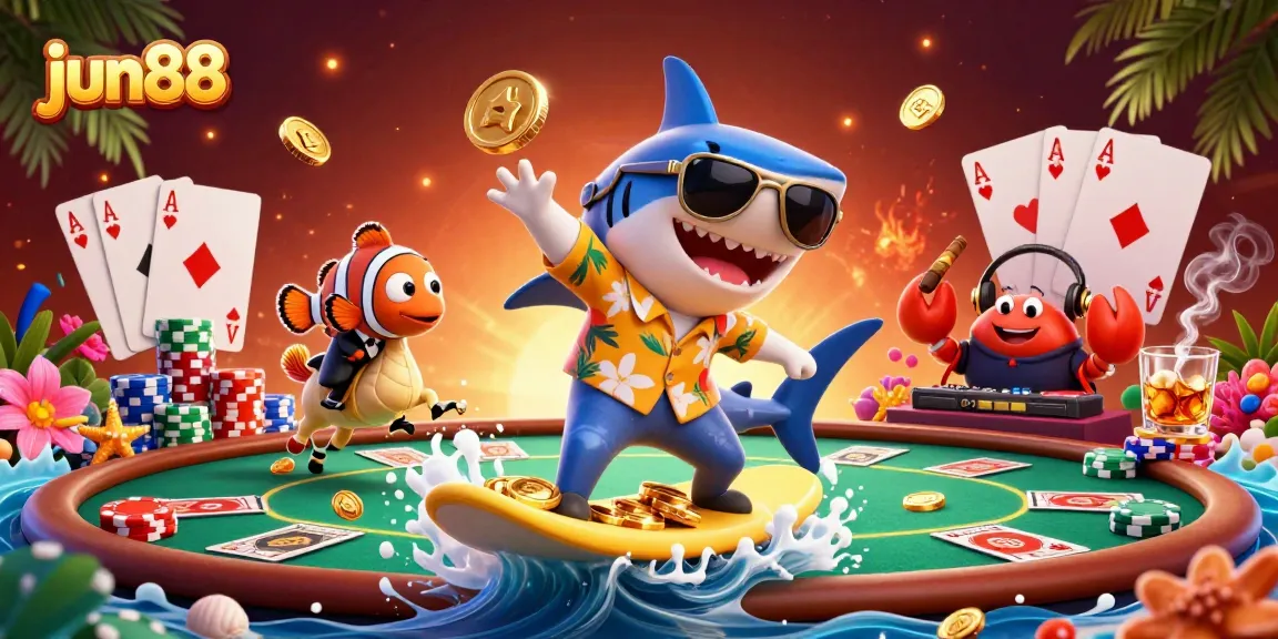 Experience the thrill of jun88 gaming with colorful characters and a vibrant casino backdrop.
