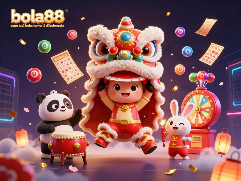Bola88 agen judi bola nomor 1 di indonesia showcases a festive 3D scene of lion dance characters, lottery elements, and vibrant celebrations.