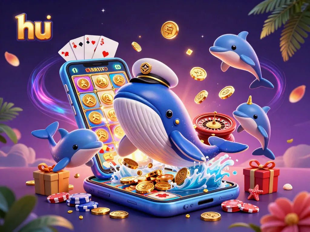 Experience the thrill of casino gaming with hu, featuring a whale captain and playful dolphins amidst coins.