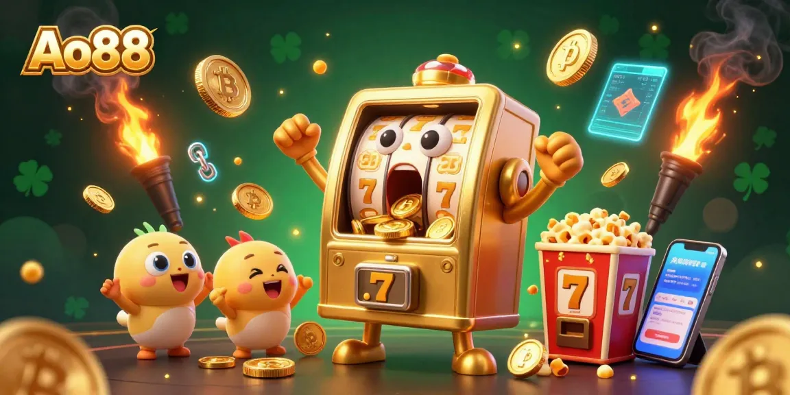 Ao88 slot machine celebrating a jackpot win surrounded by golden coins and vibrant crypto elements.