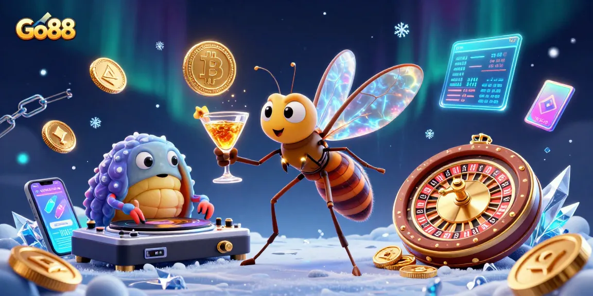 Experience Go88's exciting casino games with vibrant cartoon mascots in a lively setting.