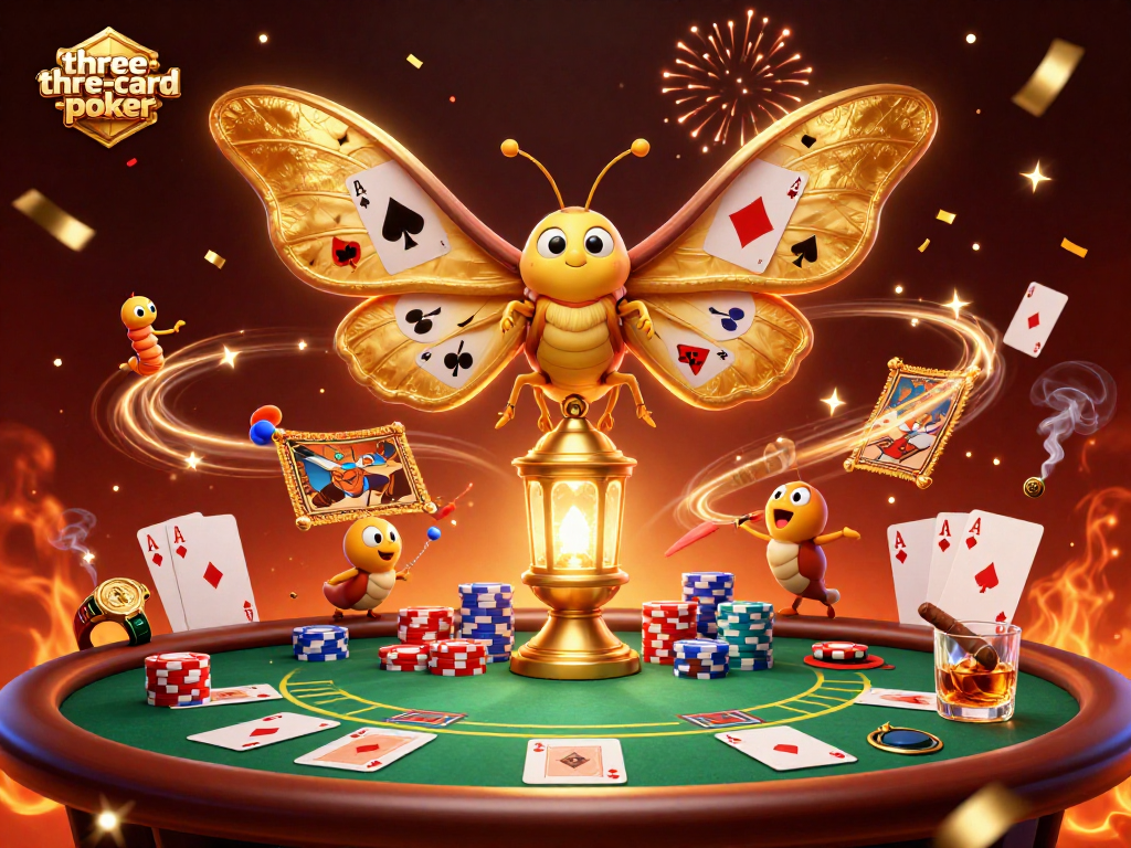 Experience three-card-poker with vibrant casino elements and a majestic moth theme.