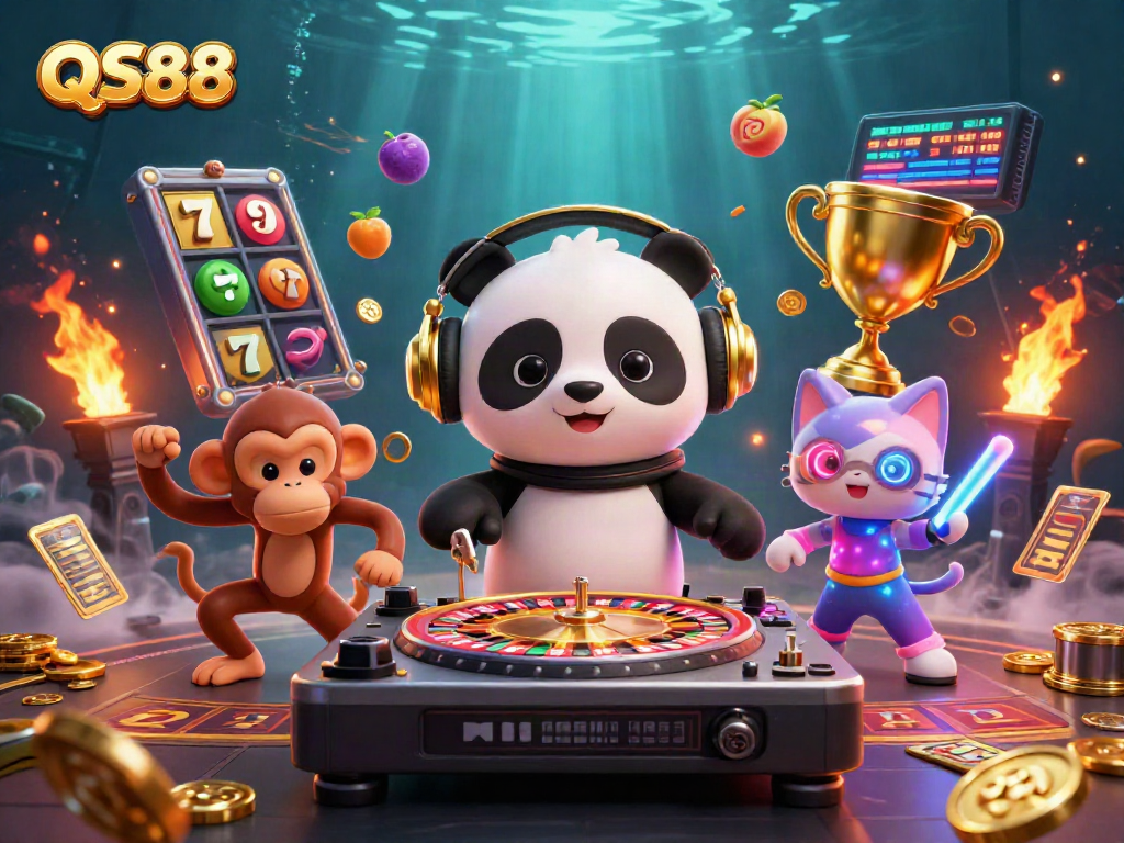 Engage in exciting gameplay at QS88 with a vibrant scene of a DJ panda and friends in a casino.