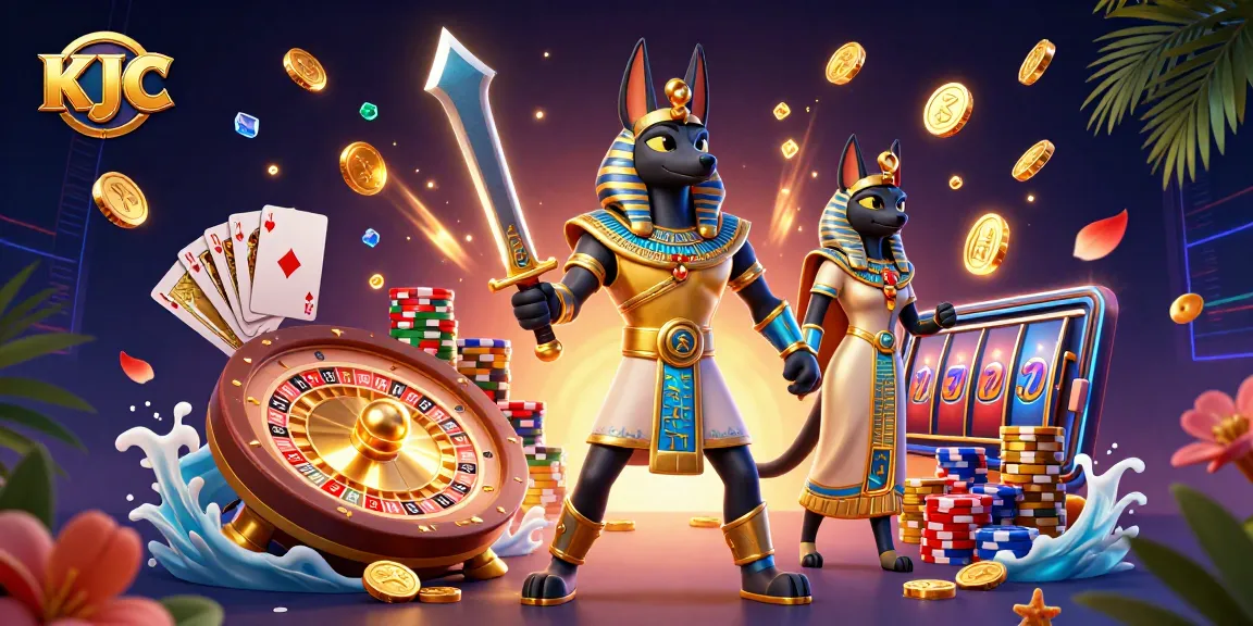 KJC offers an exciting online gambling experience with a vibrant scene featuring jackpots, spinning roulette, and elaborate characters.