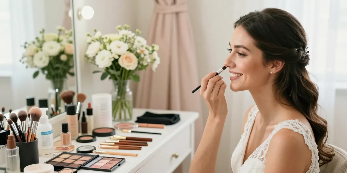 Trucco sposa applicato con cura a una futura sposa in un ambiente luminoso.