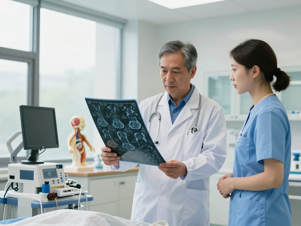 Bel fıtığı ameliyatı consultation scene with neurosurgeon discussing MRI results.