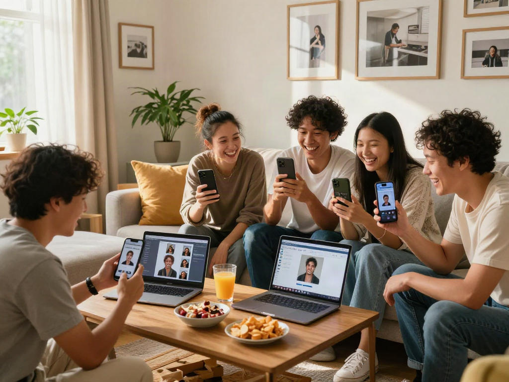 Friends engaging in fun "how old do I look" challenge using AI age calculator in a cozy living room.
