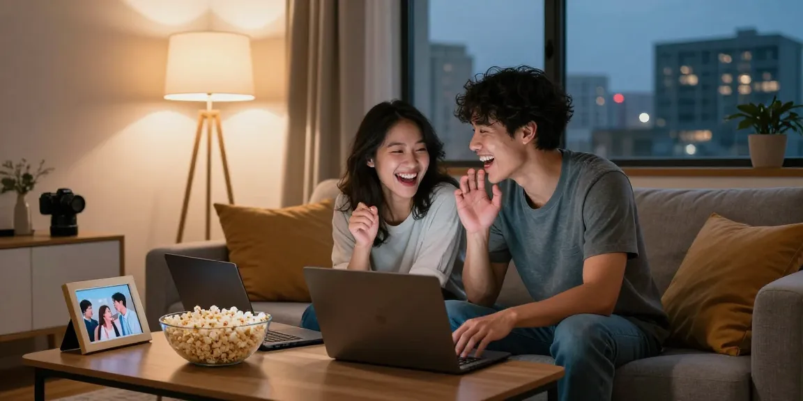 Couple enjoying a playful sex chat in a cozy living room with warm lighting.