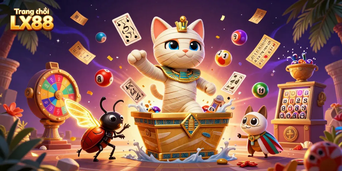 Experience the excitement of Trang chủ LX88 with a vibrant cartoon scene featuring a mummy cat and a jackpot!