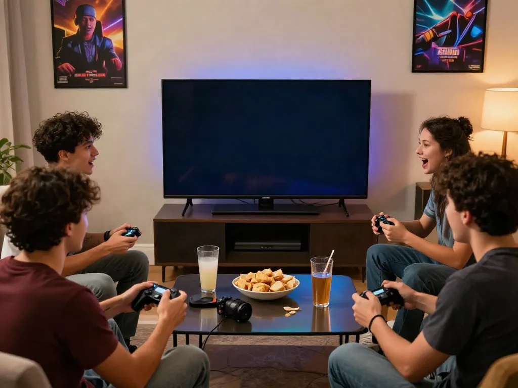 Engaged friends playing สล็อตเว็บตรง video game together in a cozy living room setting.