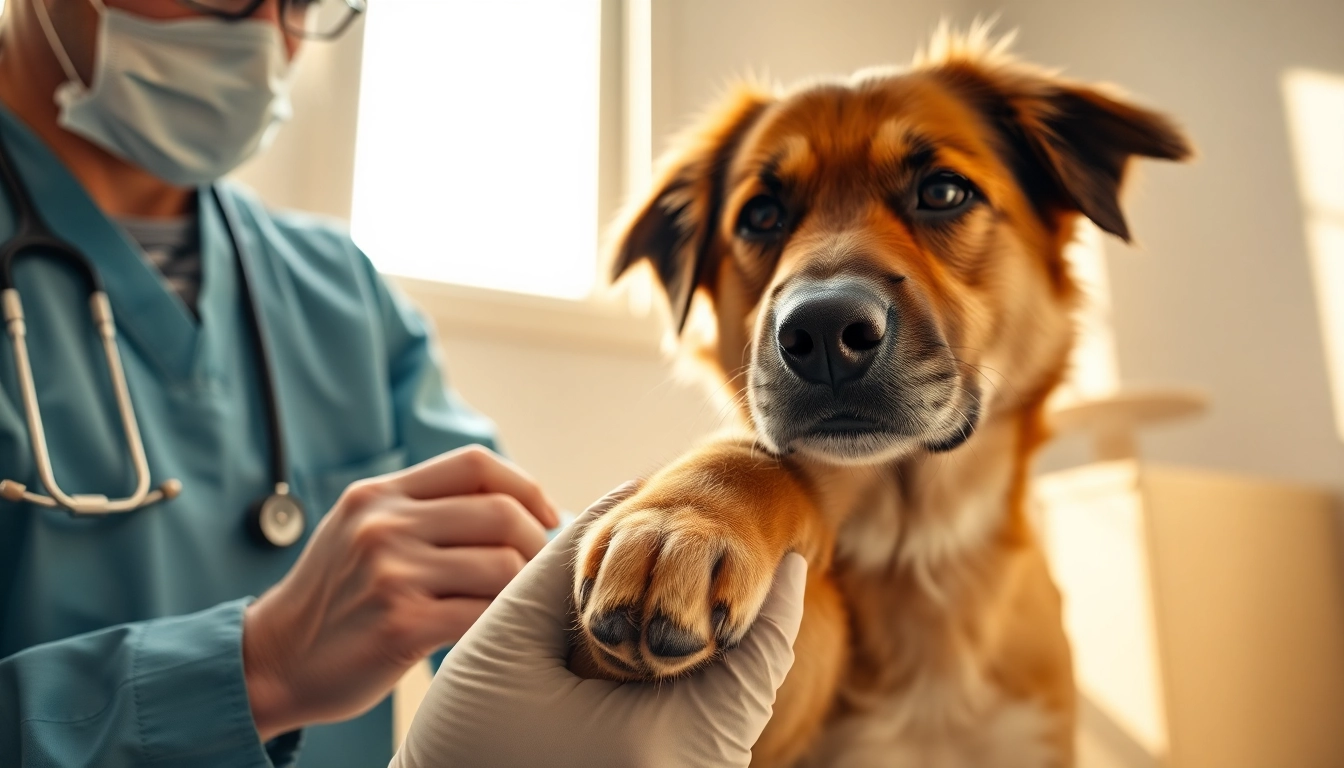 Veterinarian applying DMSO for dogs treatment on a dog’s paw in a bright clinic.
