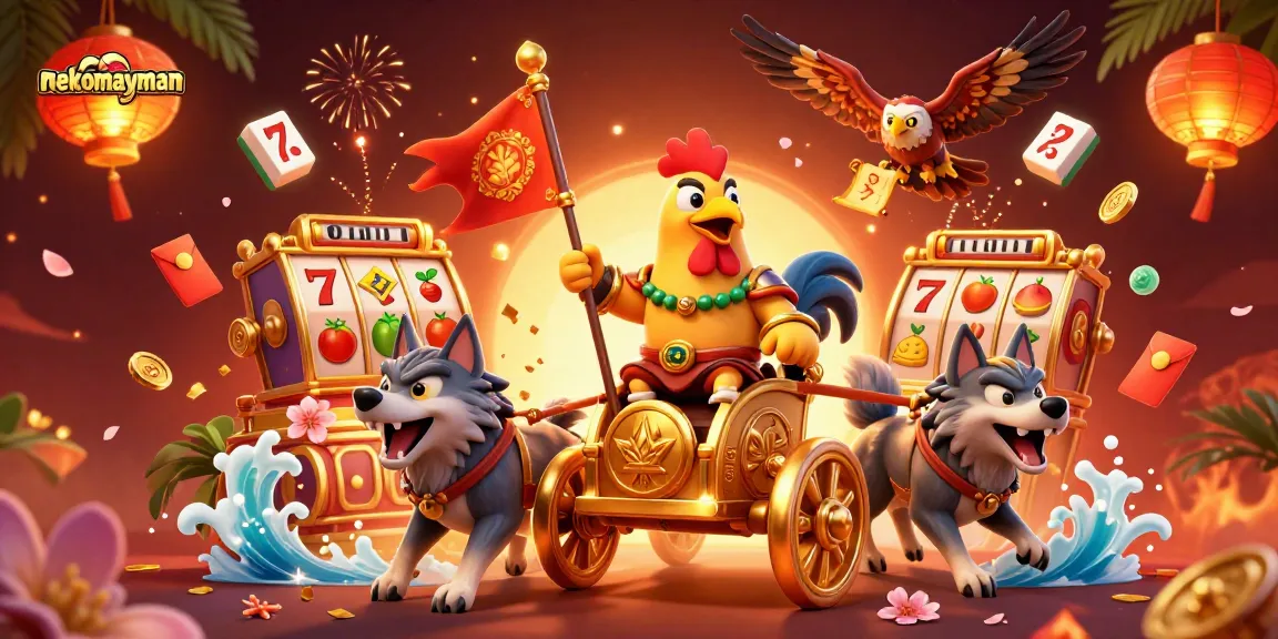Spin jackpots with nekomayman’s vibrant scene featuring a cartoon rooster riding a golden chariot among slot icons.