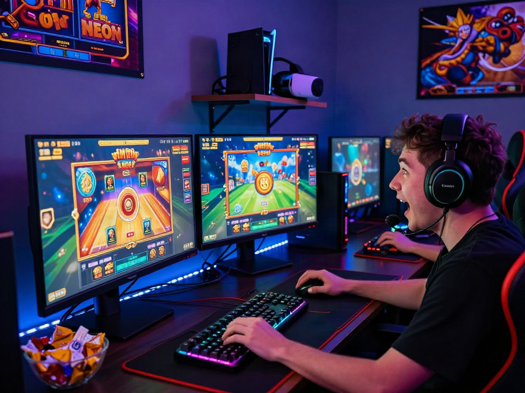 Engaged player experiencing situs slot games on colorful gaming setup with vibrant graphics and accessories.