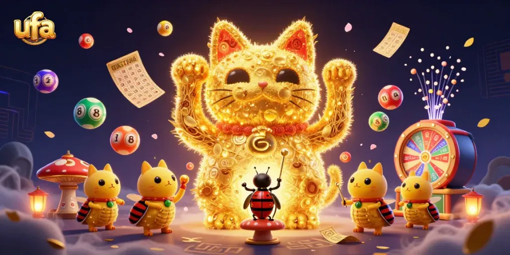 การ์ตูน 3D ของแมวโชคลาภโดยใช้ลูกไฟทองคำและสัญลักษณ์คาสิโนufa
