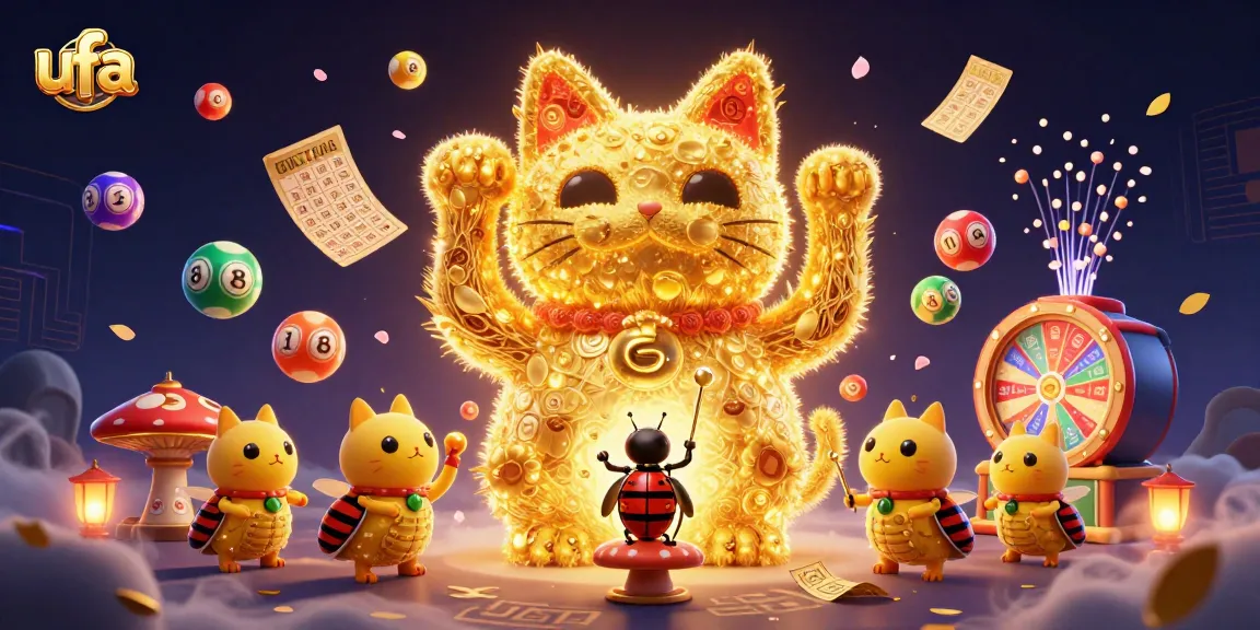 การ์ตูน 3D ของแมวโชคลาภโดยใช้ลูกไฟทองคำและสัญลักษณ์คาสิโนufa