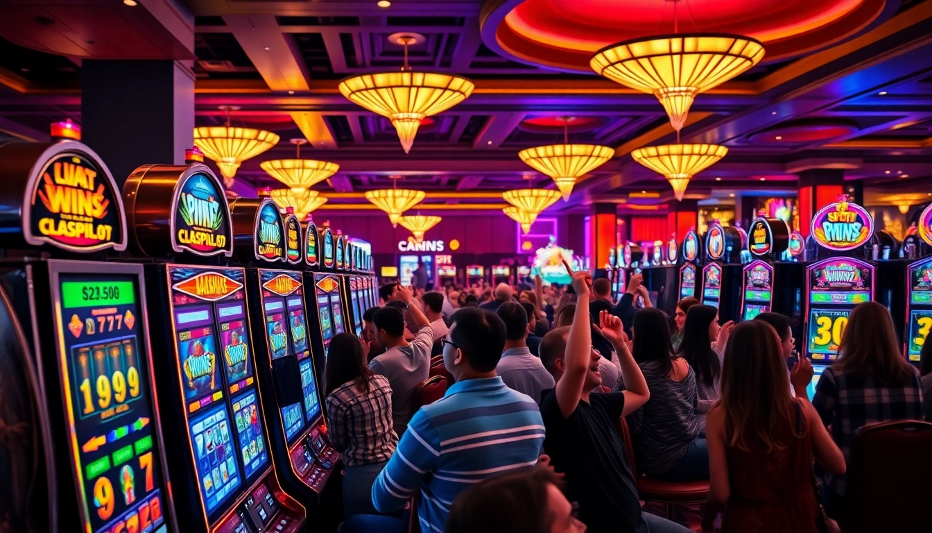 Players enjoying slot gambling in a vibrant casino atmosphere with lively slot machines.
