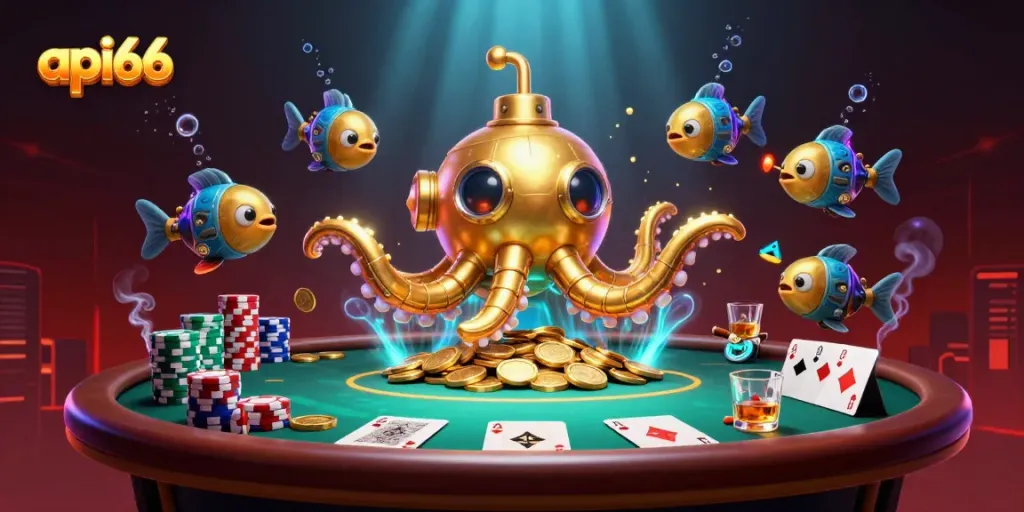 Experience the thrill of gaming on api66 with a golden kraken submarine surfacing through coins.