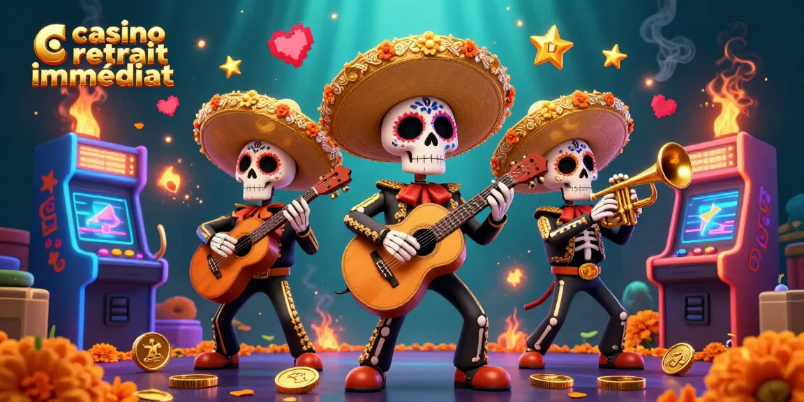 Jouer sur retirement immédiat de casino, illustration d'un groupe musical de squelette mariachi et éléments de jeux d'arcade colorés.