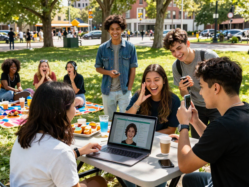 Group of friends engaging in an attractiveness test in a sunny park, showcasing playful poses.