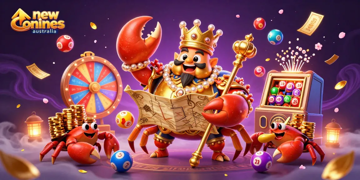 Experience new online casinos australia with a vibrant scene of a crab emperor amidst colorful gaming elements.