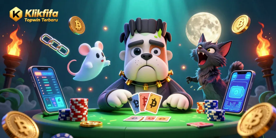 Experience Klikfifa Topwin Terbaru excitement with a vibrant casino scene featuring unique characters and crypto elements.