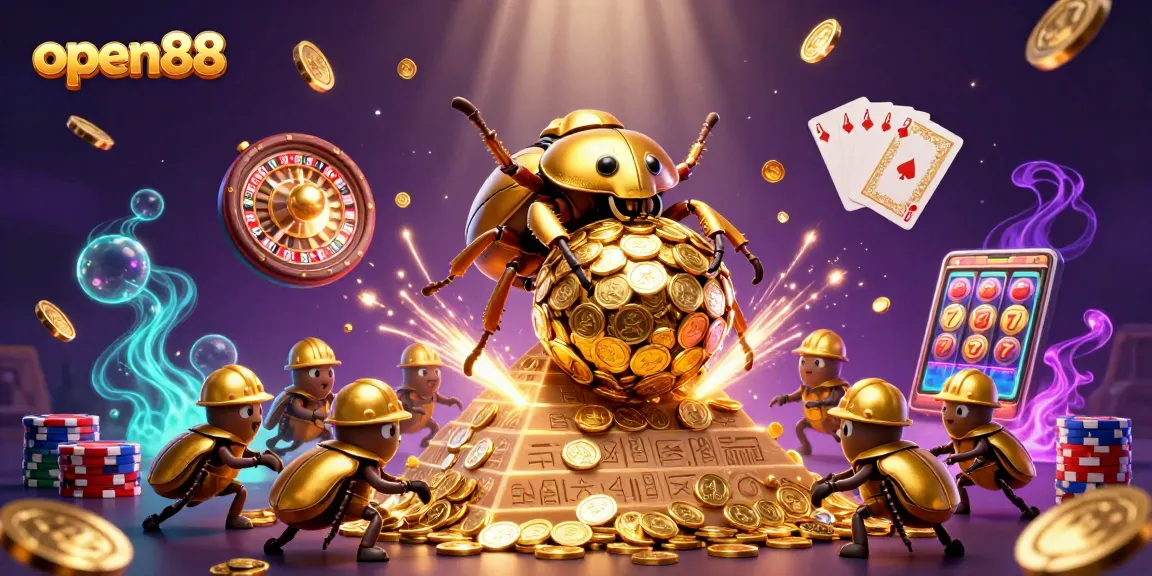 Experience the excitement of open88 with golden beetles rolling coins and casino games!