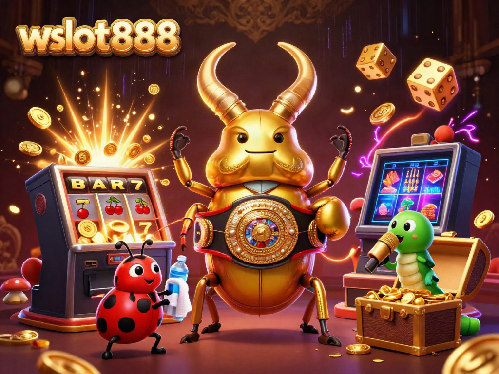 Permainan slot jackpot keseruan wslot888 ditampilkan dengan karakter kartun unik dalam ilustrasi 3D menarik.