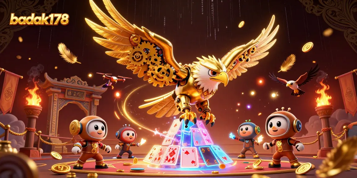 Experience the thrill of badak178 with a cybernetic eagle diving amidst holographic cards.