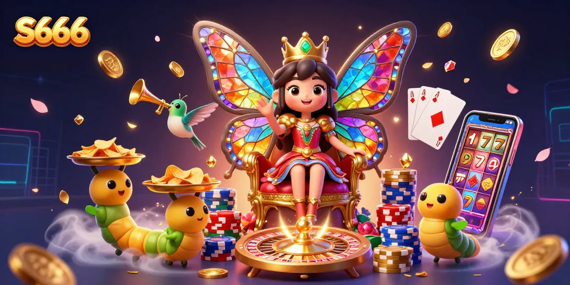 S666 brings excitement with a vibrant casino scene featuring a butterfly queen, vibrant coins, and dynamic games.