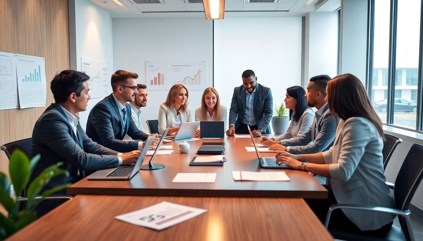 Flowdown meeting showcasing professionals strategizing around a conference table.