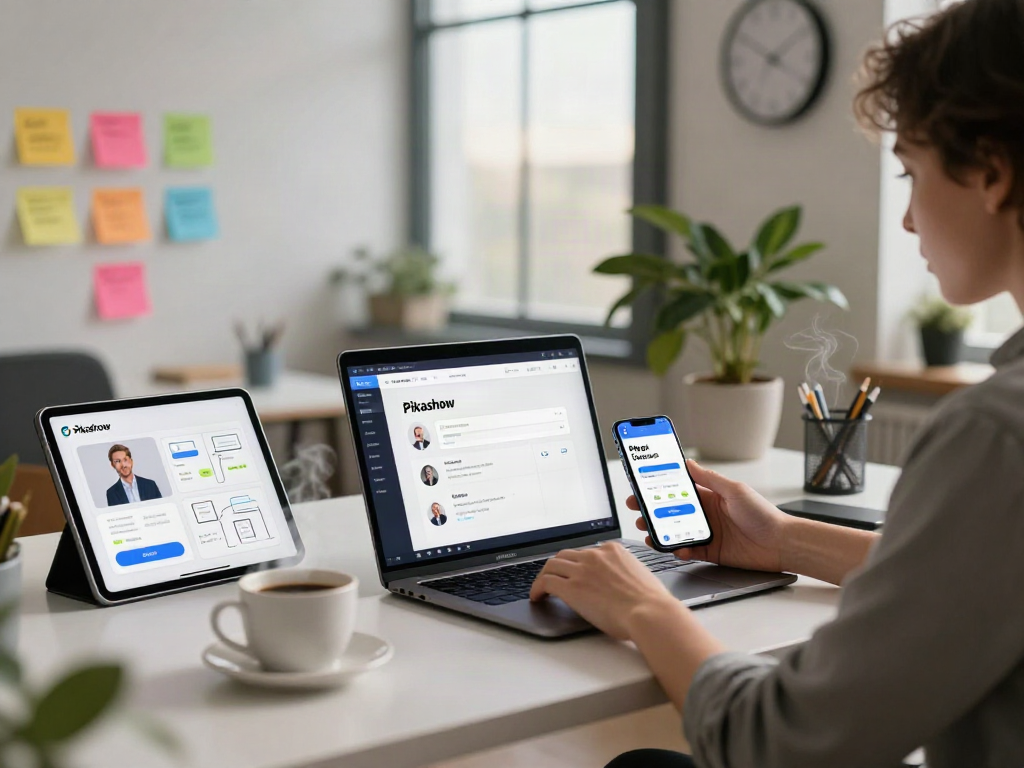 Download Pikashow Apk on a developer's laptop in a modern workspace.