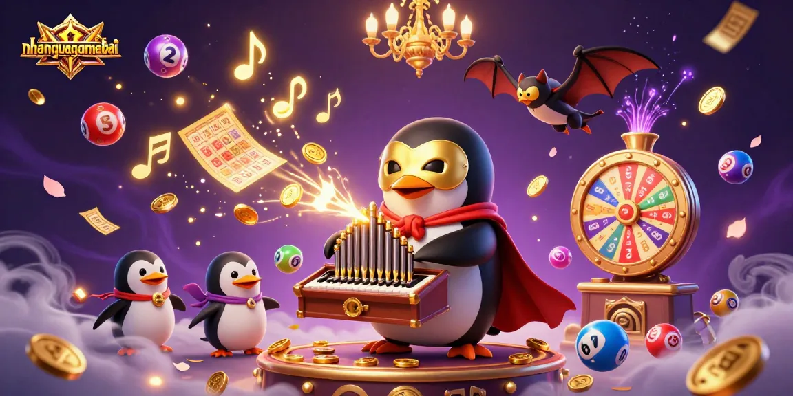 Witness the excitement at nhanquagamebai with a penguin organist unleashing golden coins amid a lively scene.