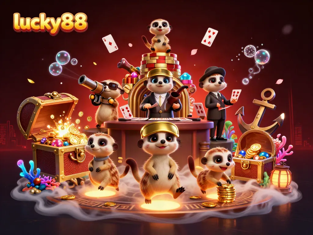 Experience lucky88's unique casino with meerkats amid vibrant underwater treasures and animated game elements.
