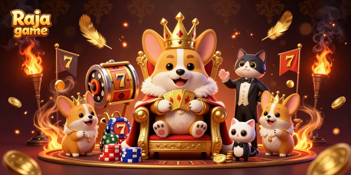 Engage in the dynamic Raja game world with royal corgis, slot reels, and golden rewards!