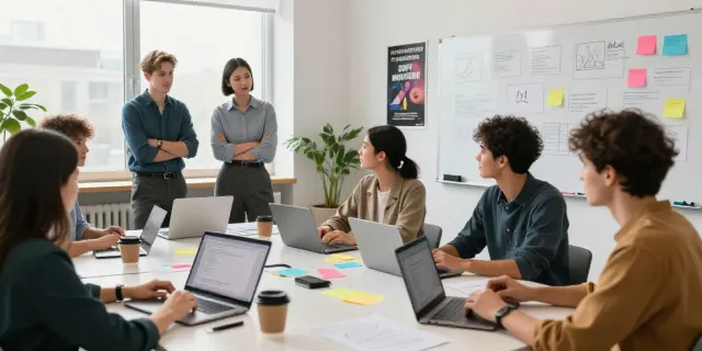 Dynamic team collaboration for AI copywriting in Ukrainian, showcasing creativity and innovation in a modern workspace.