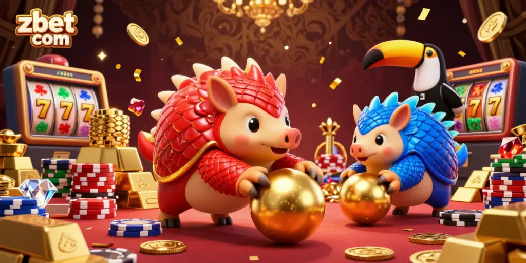 Experience gaming thrills with zbet com in this vibrant 3D cartoon scene full of treasure and action.