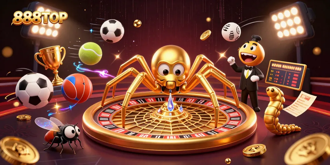 Engage in thrilling gameplay at 888TOP with a golden spider spinning excitement in a roulette wheel.