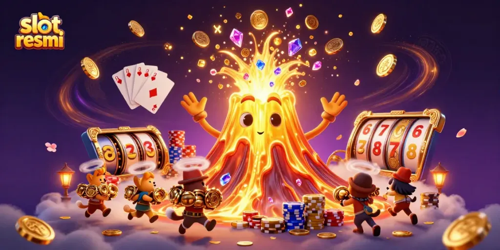 Experience winning excitement with slot resmi games featuring a golden volcano and joyful treasure hunters.