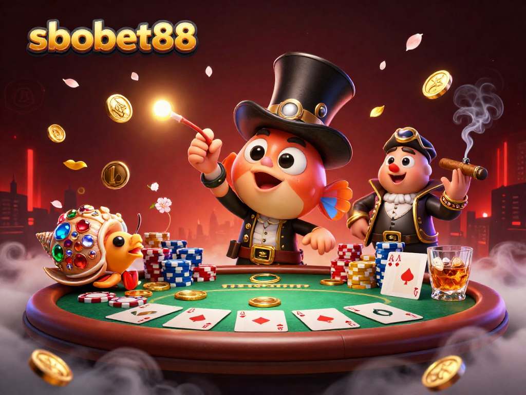 SBOBET88 sports betting scene featuring a deep-sea anglerfish, pirate shrimp, and gem snail among poker chips and cards