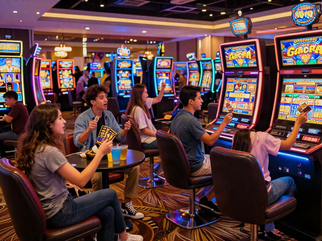 Excited friends playing slot gacor machines in a lively casino, showcasing vibrant atmosphere and joyful social interactions.
