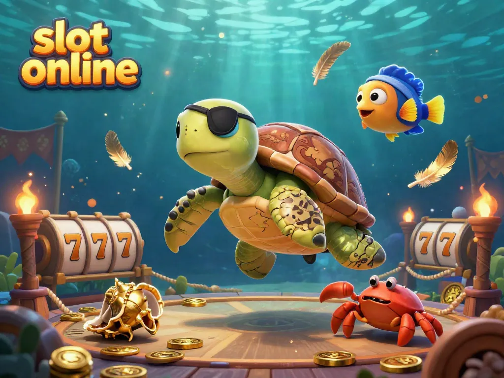 Engage in slot online with a vibrant scene featuring a pirate turtle, golden crab, and parrotfish above treasure.