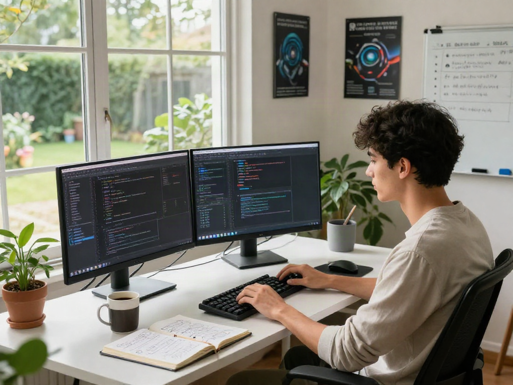 Crushon software development workspace showing developer coding in a home office with dual monitors.