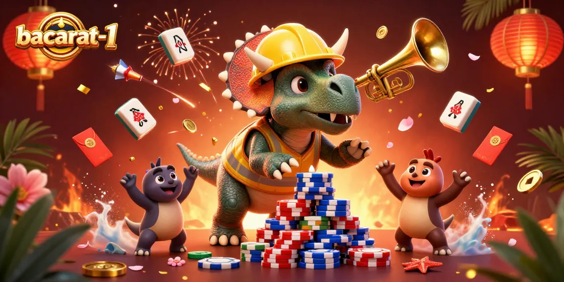Baccarat-1 captures excitement with triceratops and parasaurolophus celebrating wins in a vibrant casino scene.