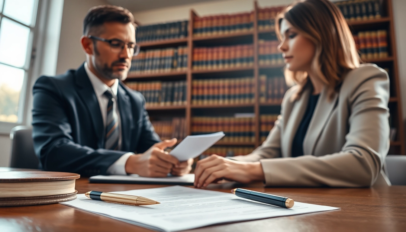 Lawyer discussing probate documents with a client in a professional setting