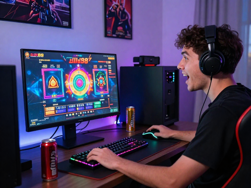 Permainan slot88 yang menarik dengan pemain bersemangat bermain di ruang gaming modern.