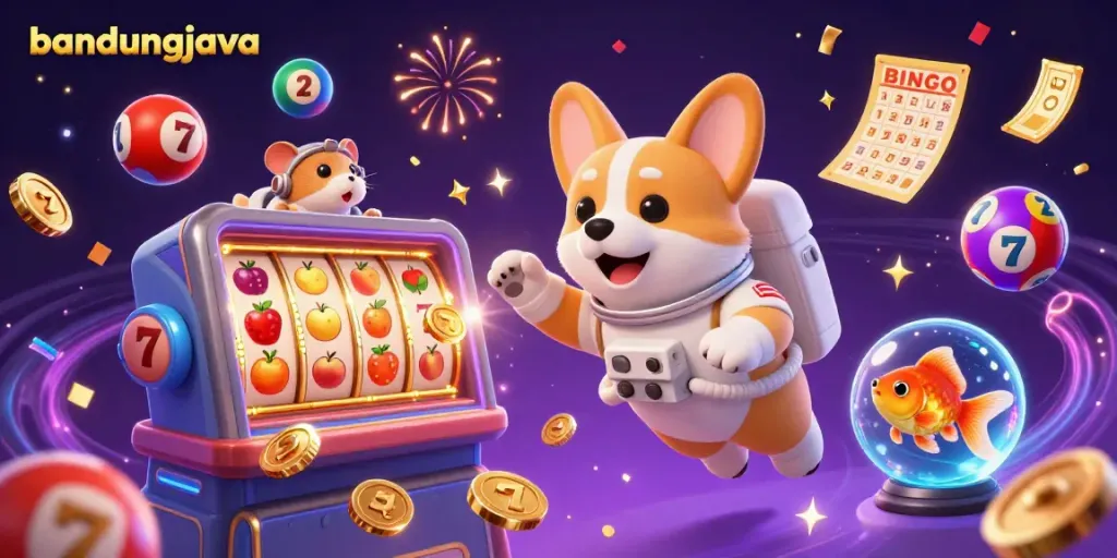 Experience the thrill of bandungjava gaming with a dynamic casino scene featuring floating elements like slot reels and golden coins.